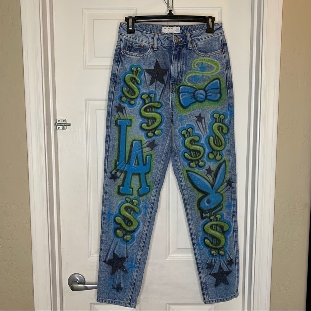 Topshop Mom Graffiti Print High Waisted Jeans Mickey Mouse, Playboy, LA